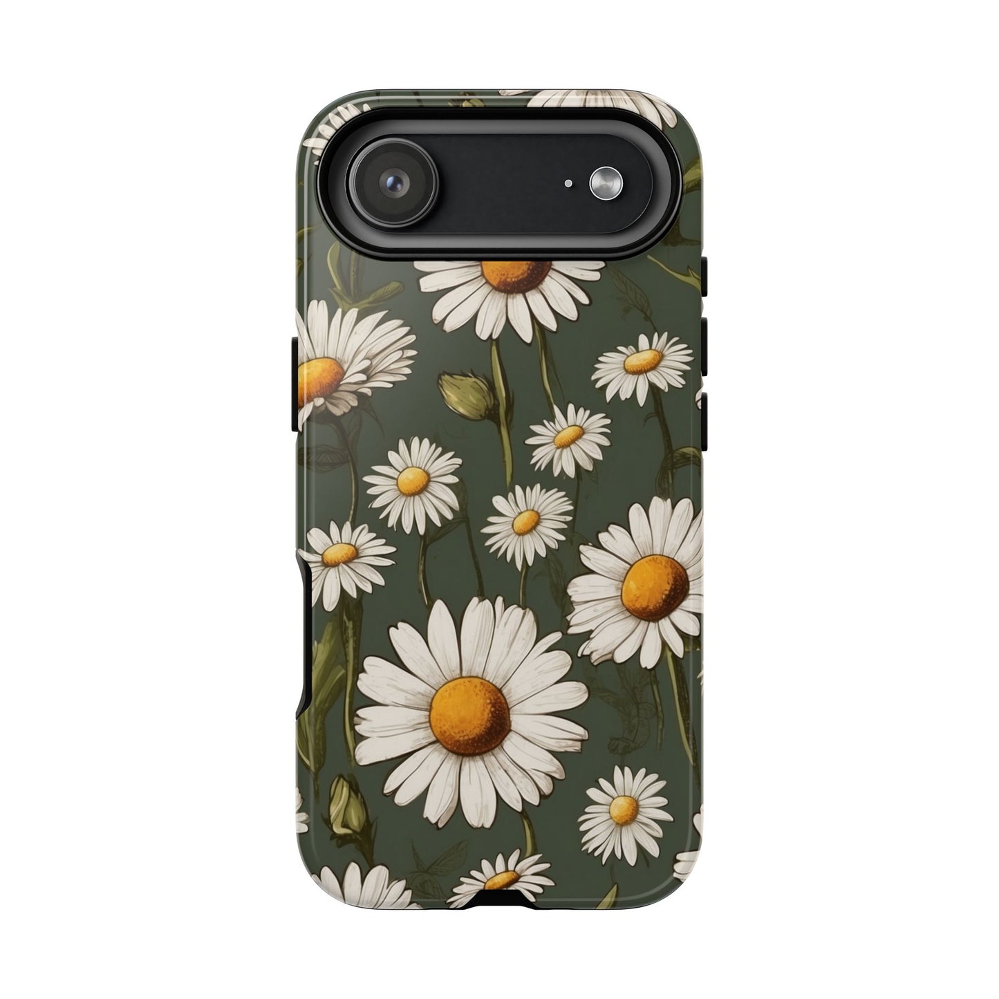 iPhone 17 Air / Glossy Phone Case - Boho Chic Daisies Floral Pattern ’White & Green’ Phone Case