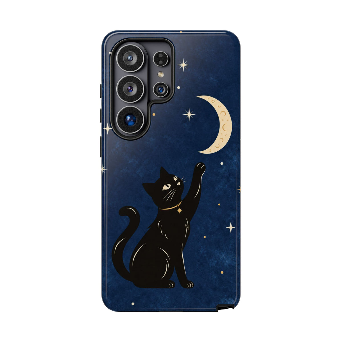 Whimsical Navy Blue Celestial Black Cat Phone Case