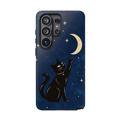 Whimsical Navy Blue Celestial Black Cat Phone Case
