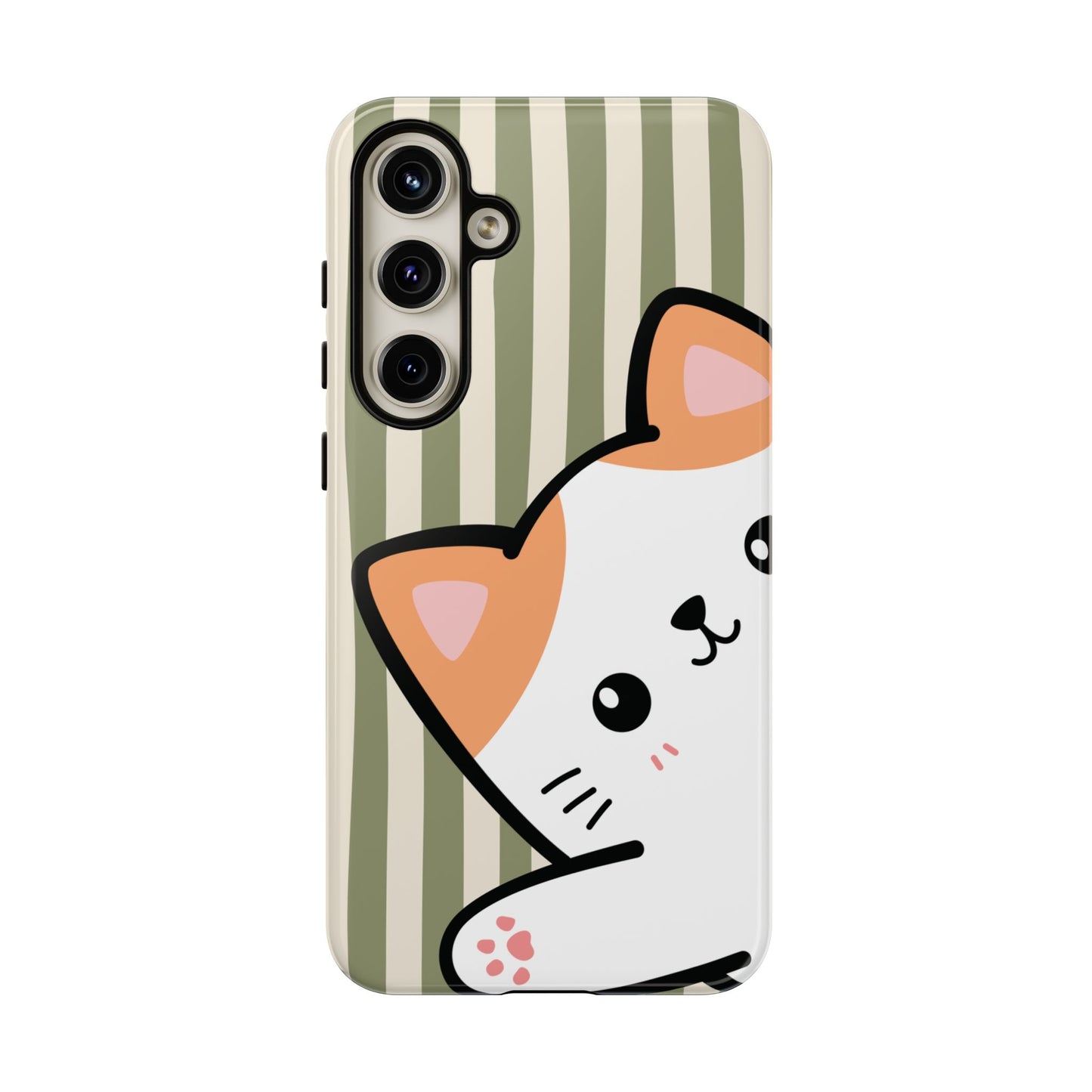 Samsung Galaxy S24 Plus / Glossy Phone Case - Peakaboo Cat with Green Stripe Pattern Phone Case