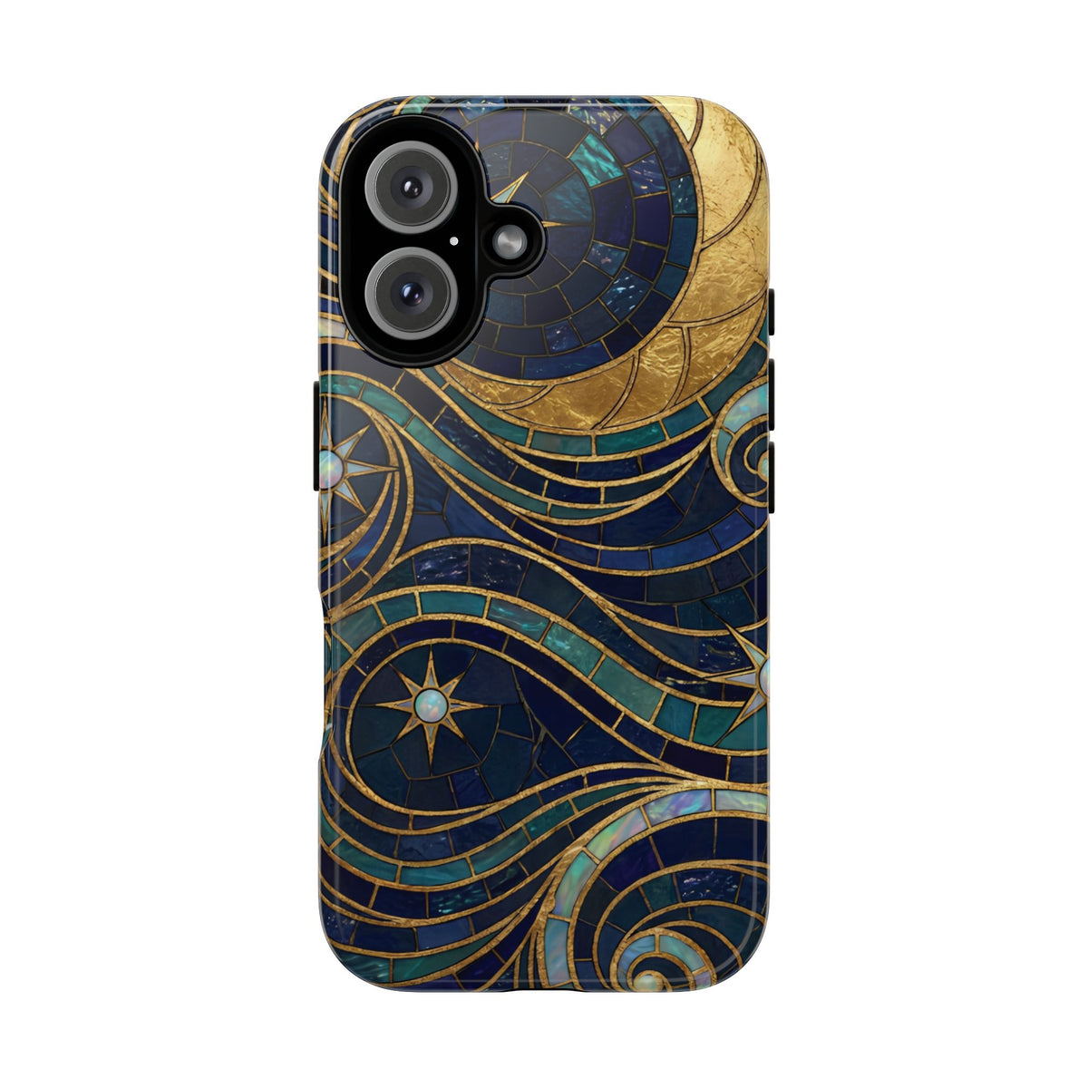 Elegant Navy & Gold Crescent Moon Mosaic Phone Case