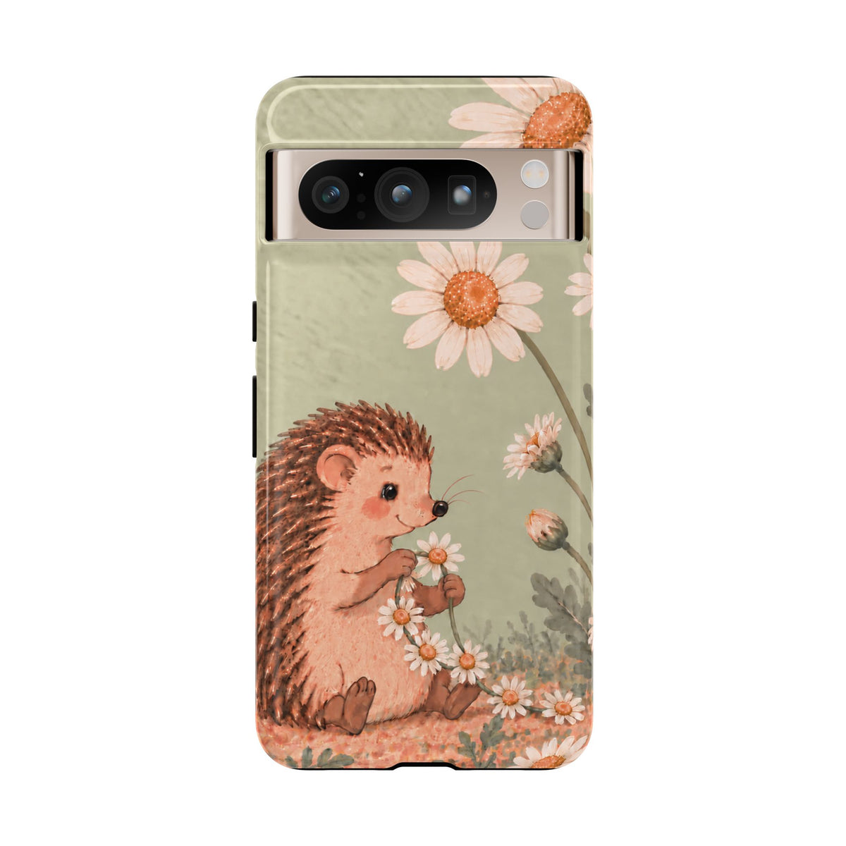 Whimsical Sage Green Hedgehog and Daisy Chain Phone Case - Green Phone Case - Google Pixel 8 Pro / Glossy