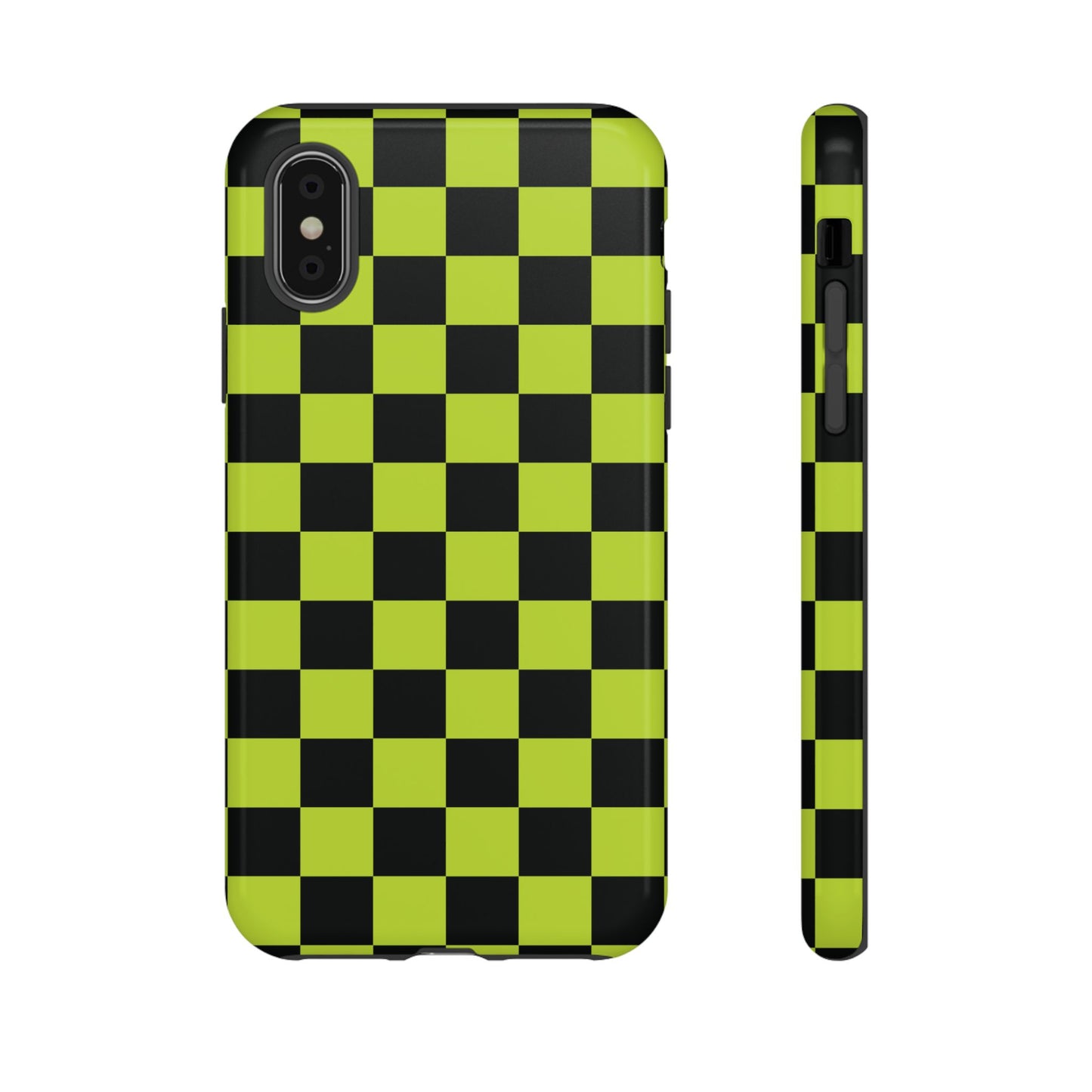 iPhone X / Glossy Phone Case - Trendy Neon Lime Green & Black Checked Pattern Phone Case