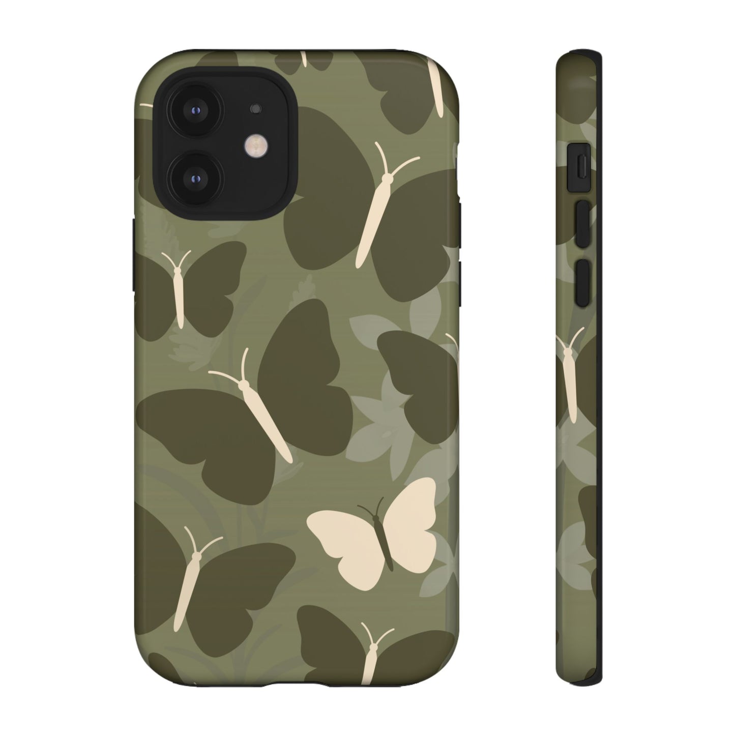 iPhone 12 / Glossy Phone Case - Minimalist Olive Green Butterfly Pattern Phone Case