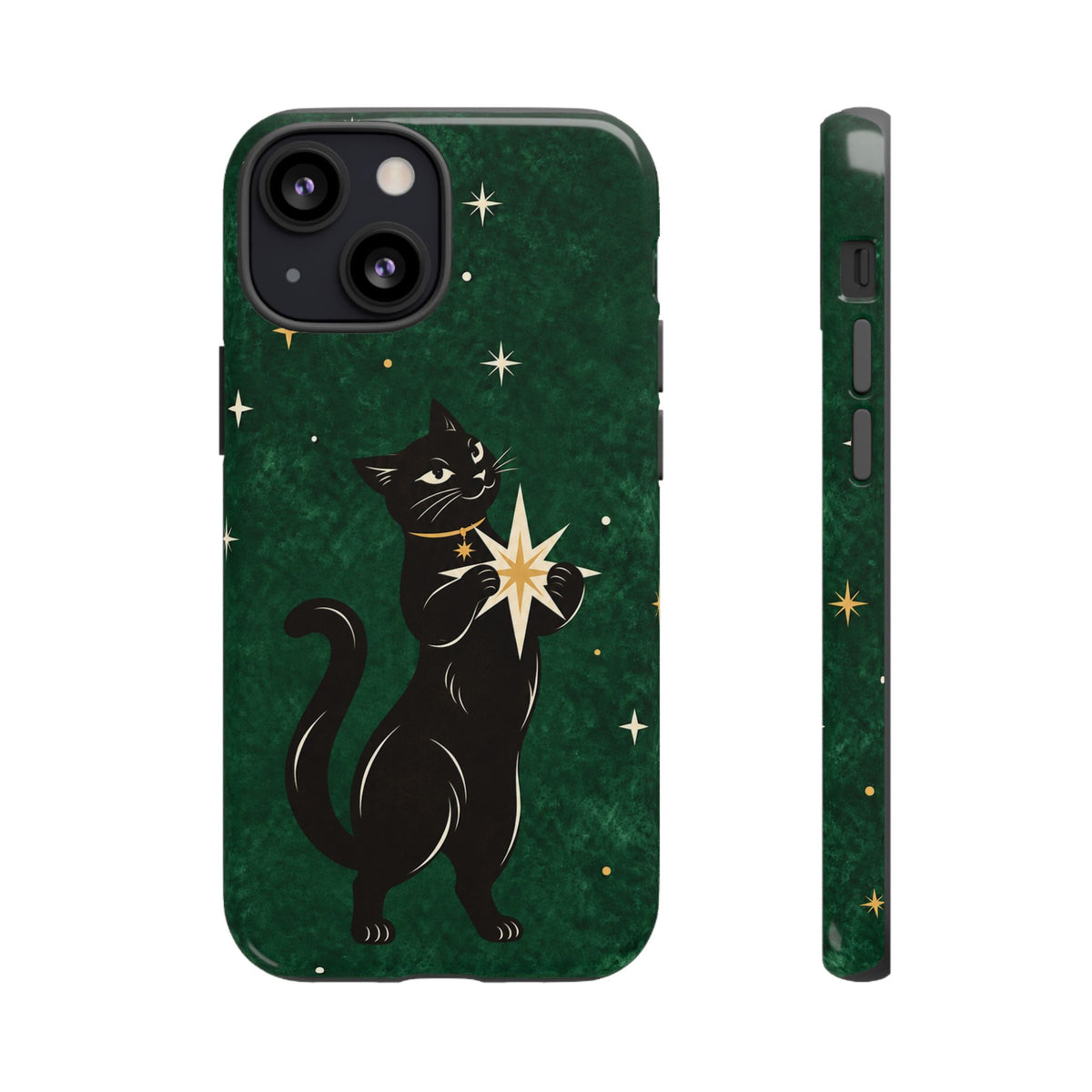 Forest Green Celestial Black Cat Phone Case - Green Phone Case - iPhone 13 Mini / Glossy