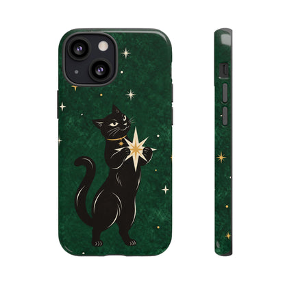 Forest Green Celestial Black Cat Phone Case - Green Phone Case - iPhone 13 Mini / Glossy
