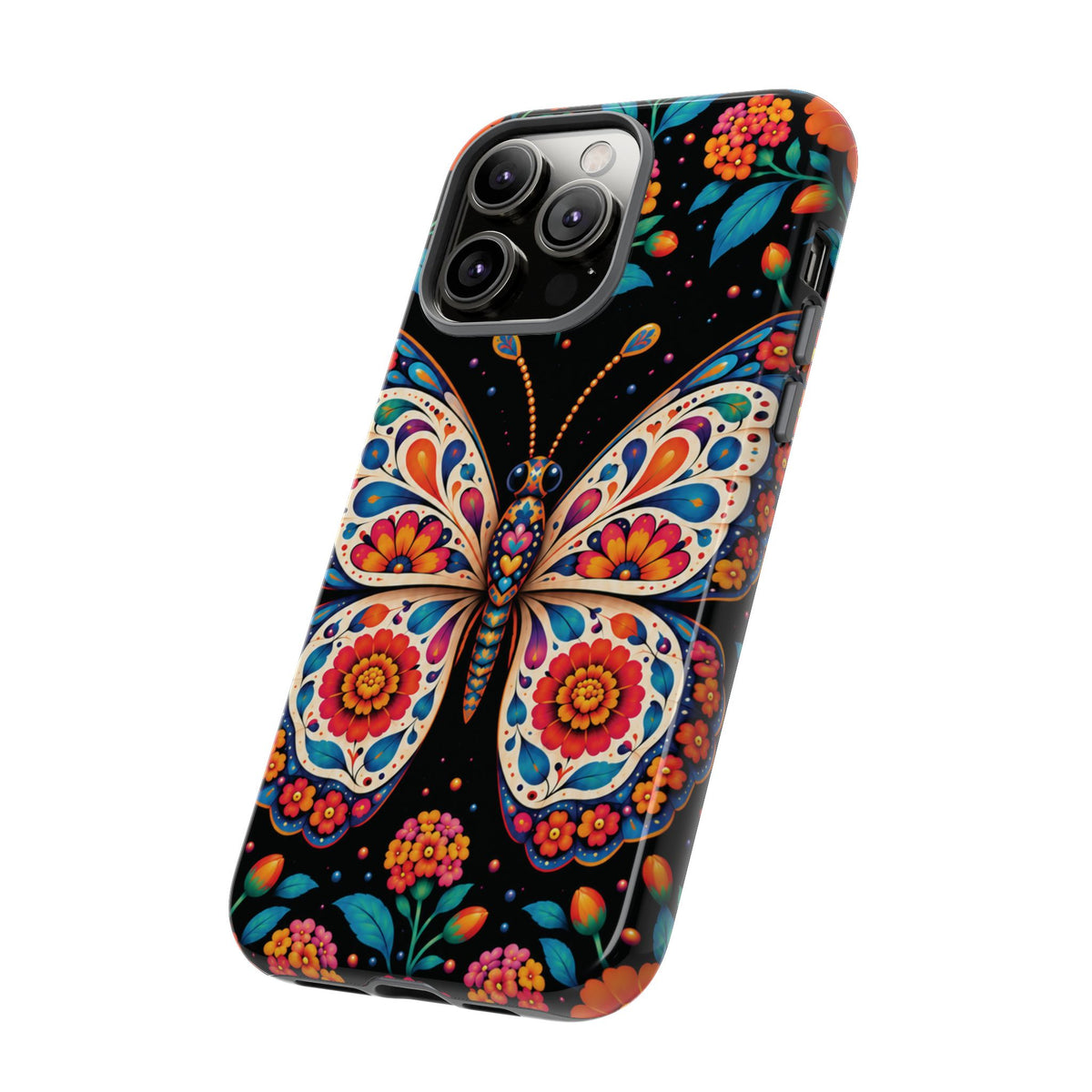 Vibrant Orange and Turquoise Calavera Butterfly Phone Case - Multicolor Phone Case