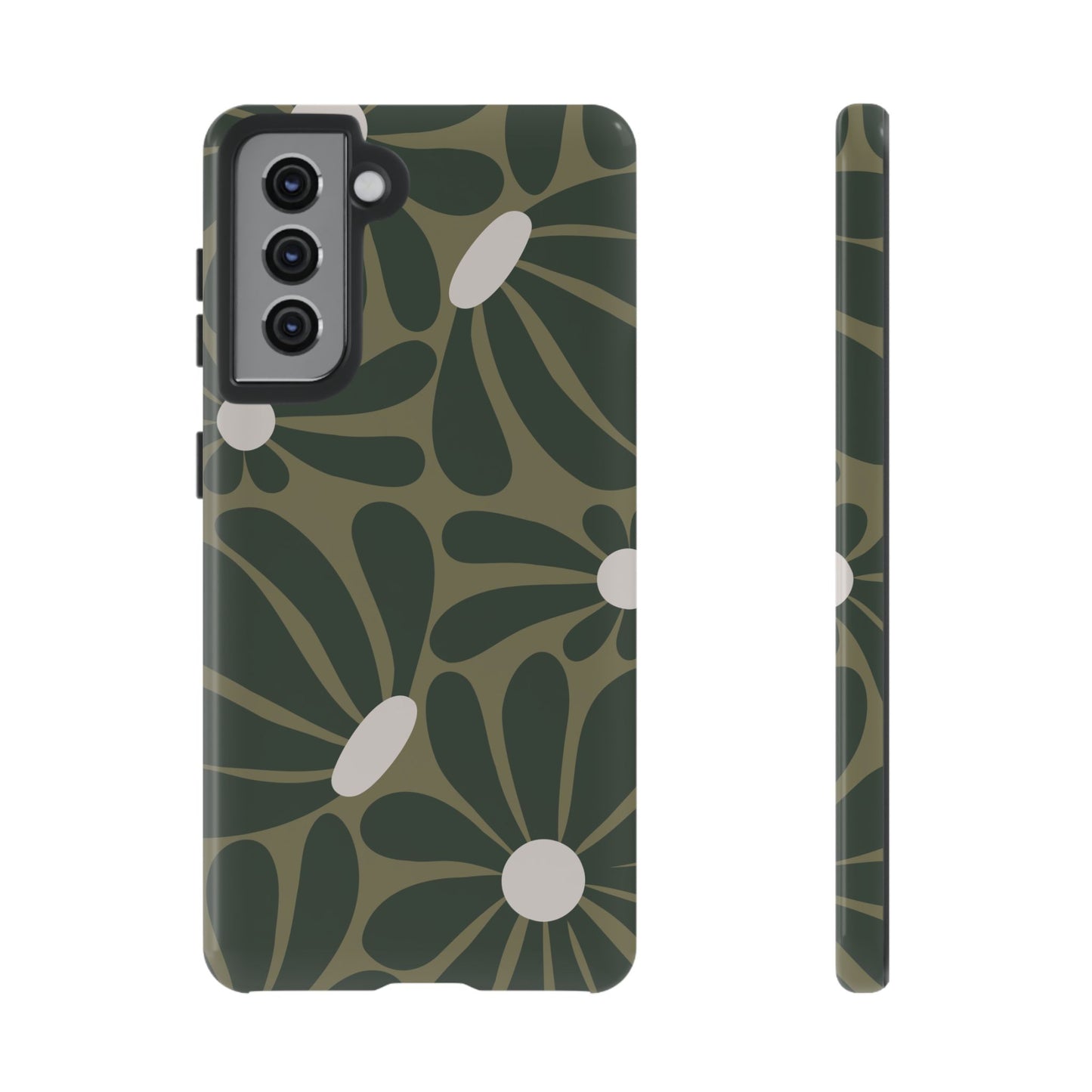 Samsung Galaxy S21 / Glossy Phone Case - ’Retro Olive Green Daisy Pattern’ Phone Case