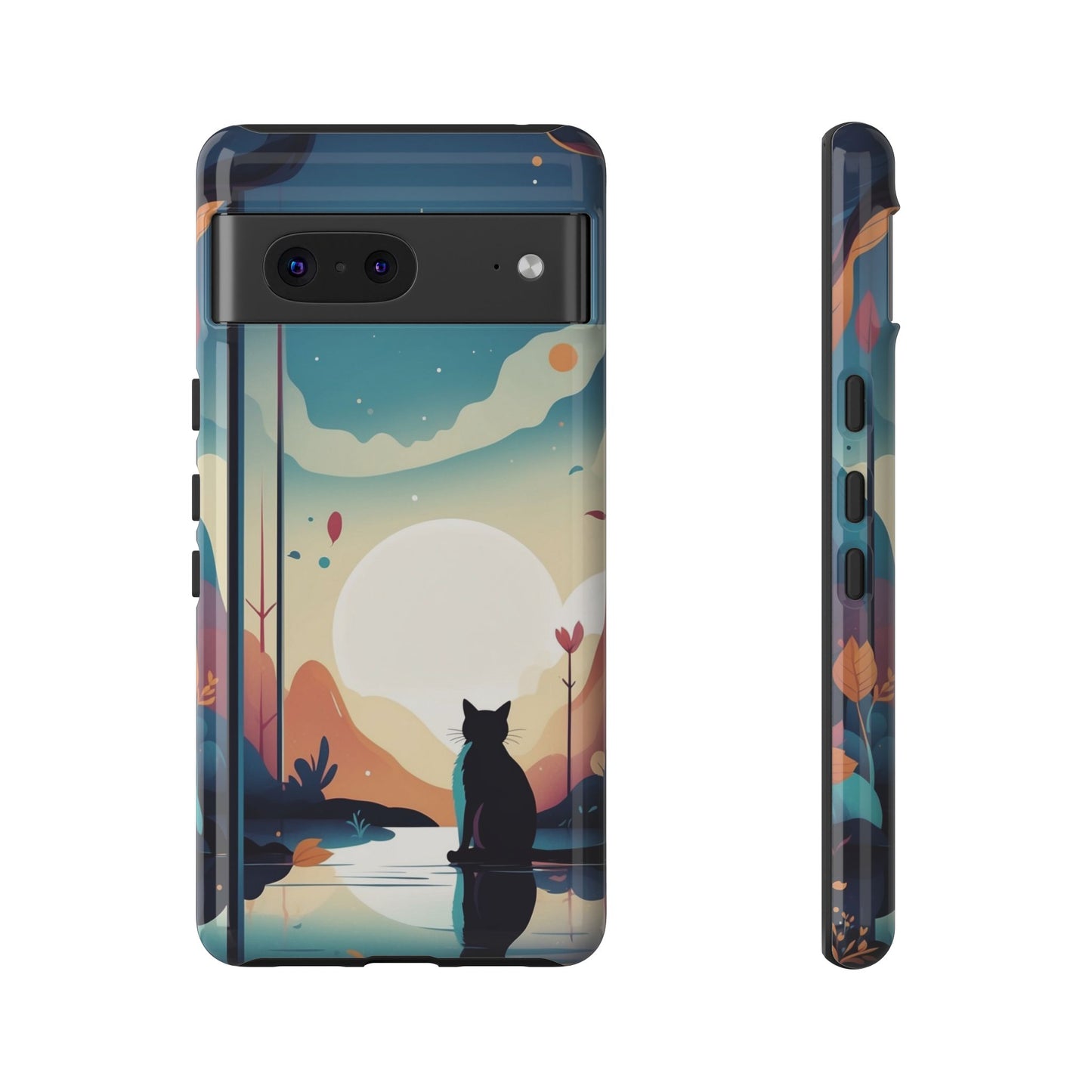 Google Pixel 7 / Glossy Phone Case - Stylised Cat & Moon Design Phone Case