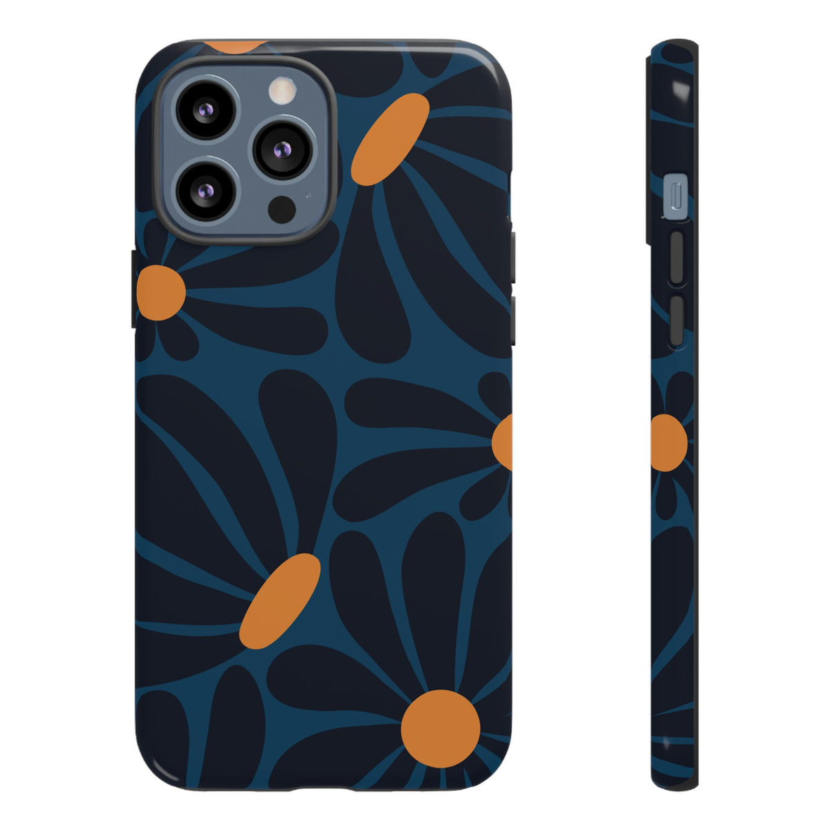 Dark Blue & Orange Daisy Pattern Phone Case - Blue Phone Case - iPhone 13 Pro Max / Glossy