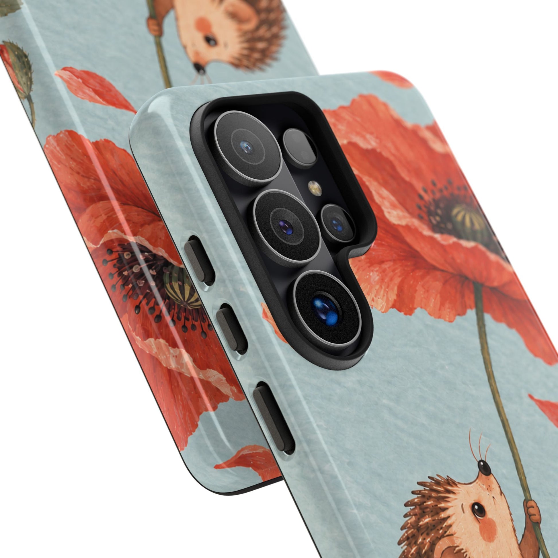 Whimsical Pale Blue Hedgehog and Poppy Phone Case - Blue Phone Case