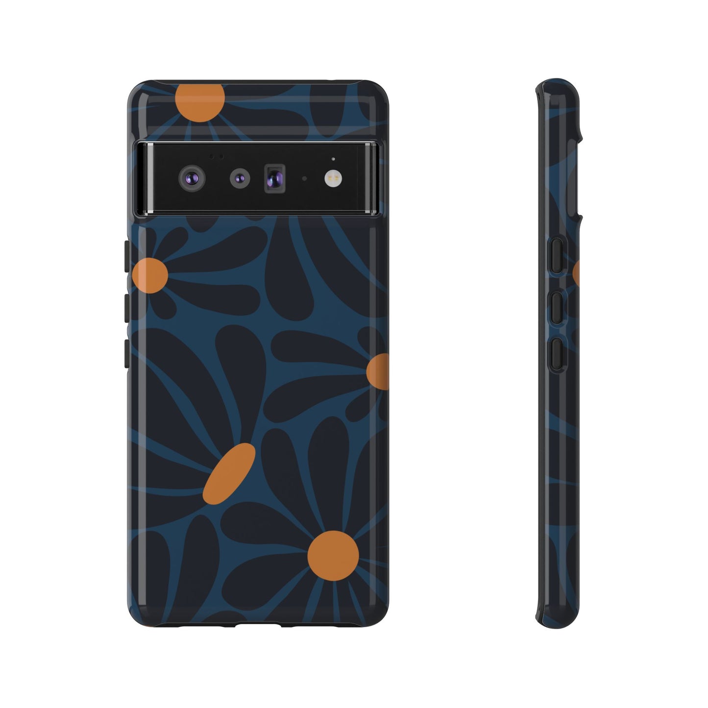 Google Pixel 6 Pro / Glossy Phone Case - ’Dark Blue & Orange Daisy Pattern’ Phone Case