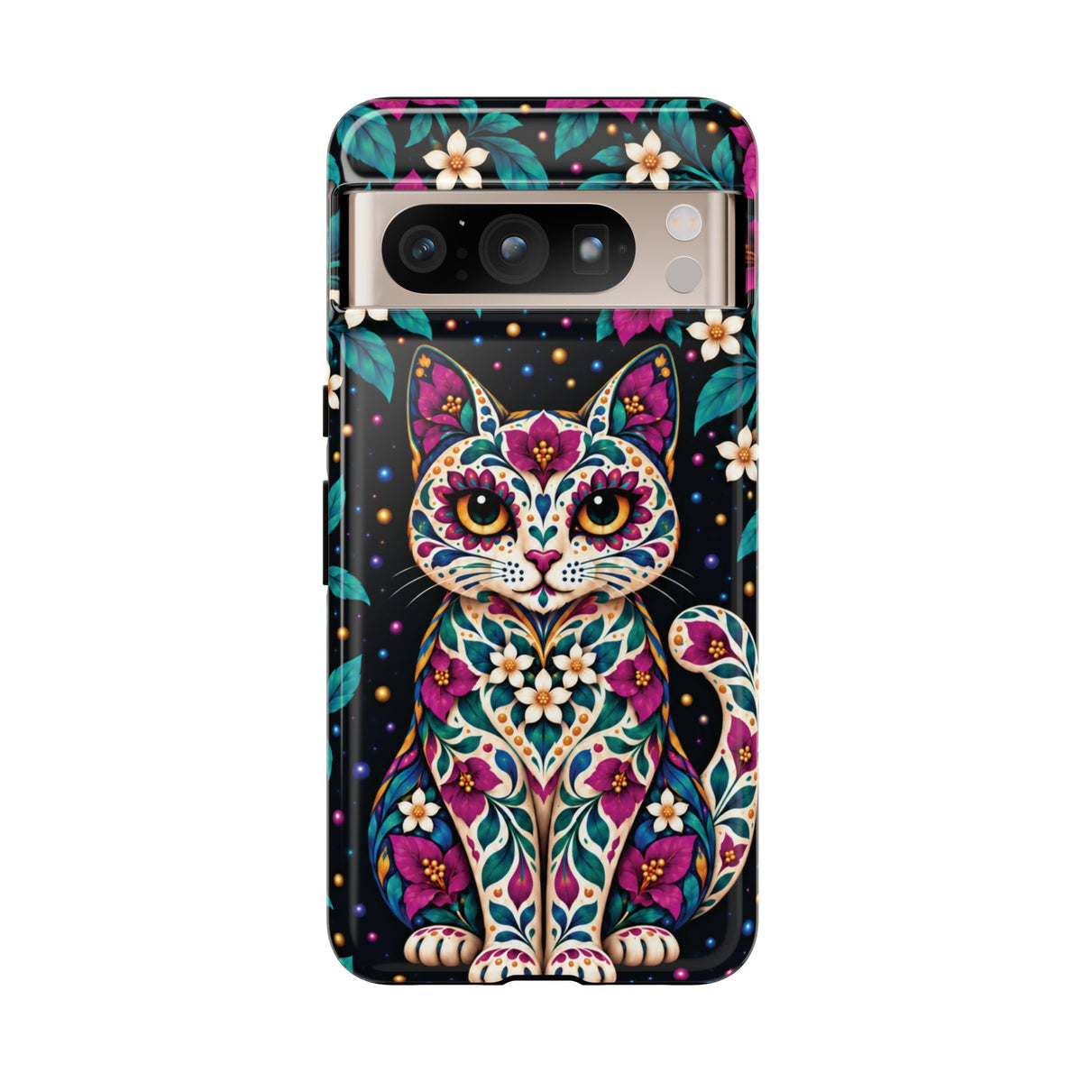 Vibrant Purple and Teal Calavera Cat Phone Case - Multicolor Phone Case - Google Pixel 8 Pro / Glossy