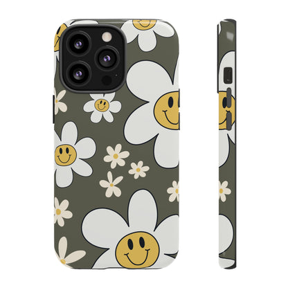 iPhone 13 Pro / Glossy Phone Case - Fun Retro Daisy Pattern with Olive Green Background Phone Case