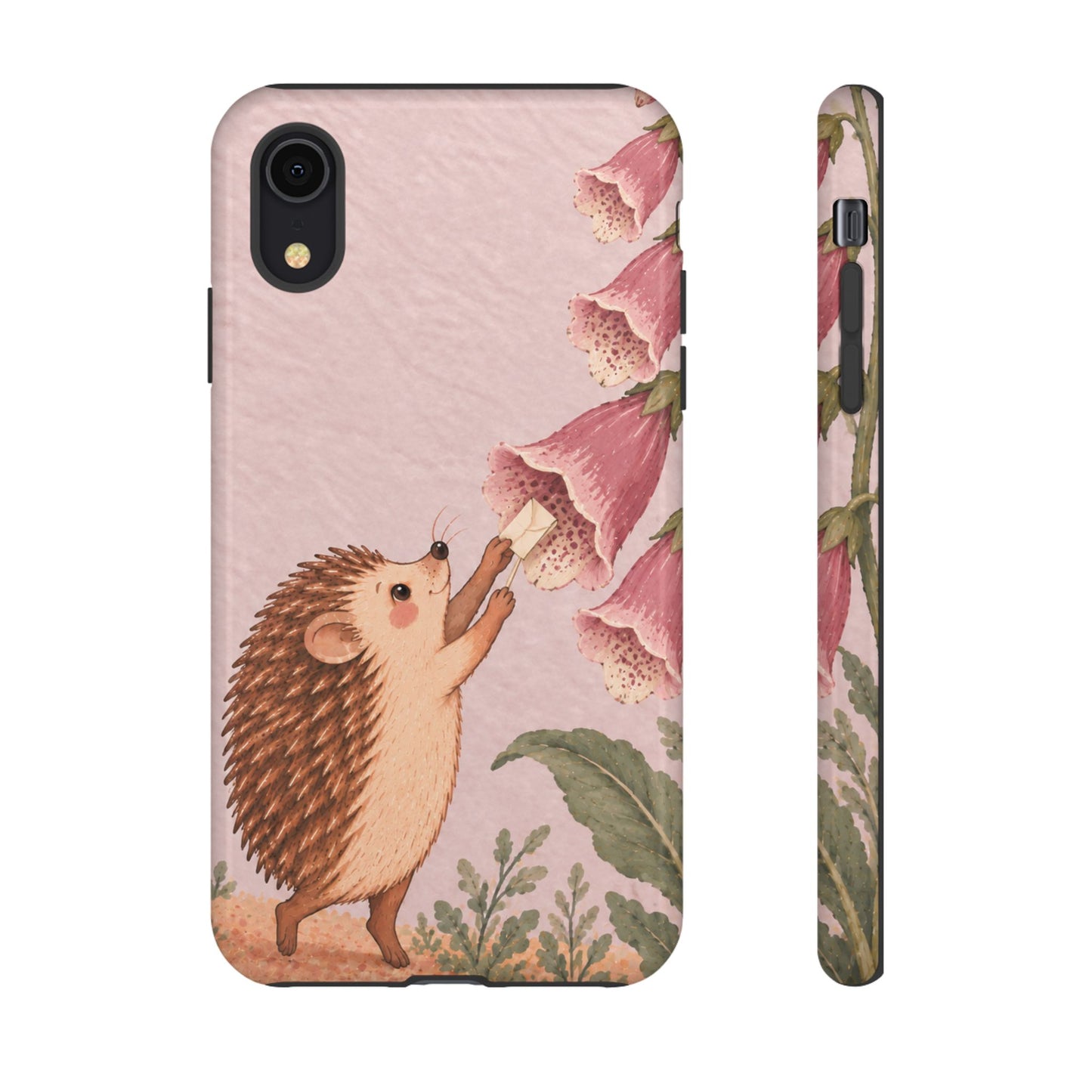 Whimsical Blush Pink Hedgehog and Foxglove Phone Case - Pink Phone Case - iPhone XR / Glossy