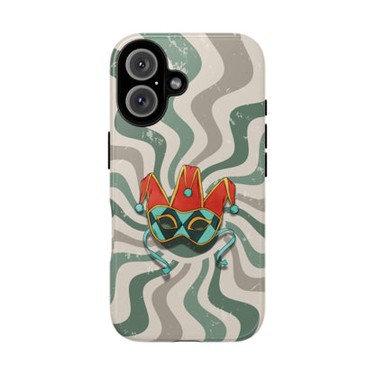 iPhone 16 / Glossy Phone Case - Venetian Jester Mask – Green Retro Soft Revival Phone Case