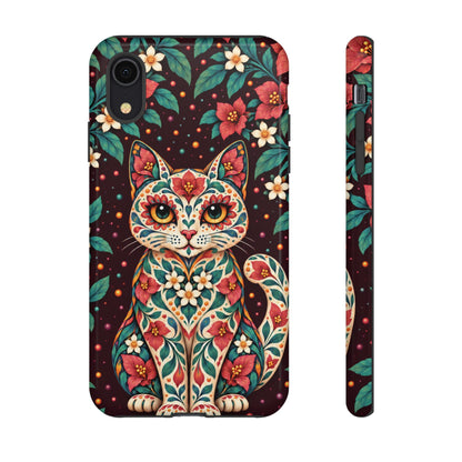 Vibrant Terracotta and Teal Calavera Cat Phone Case - Multicolor Phone Case - iPhone XR / Glossy