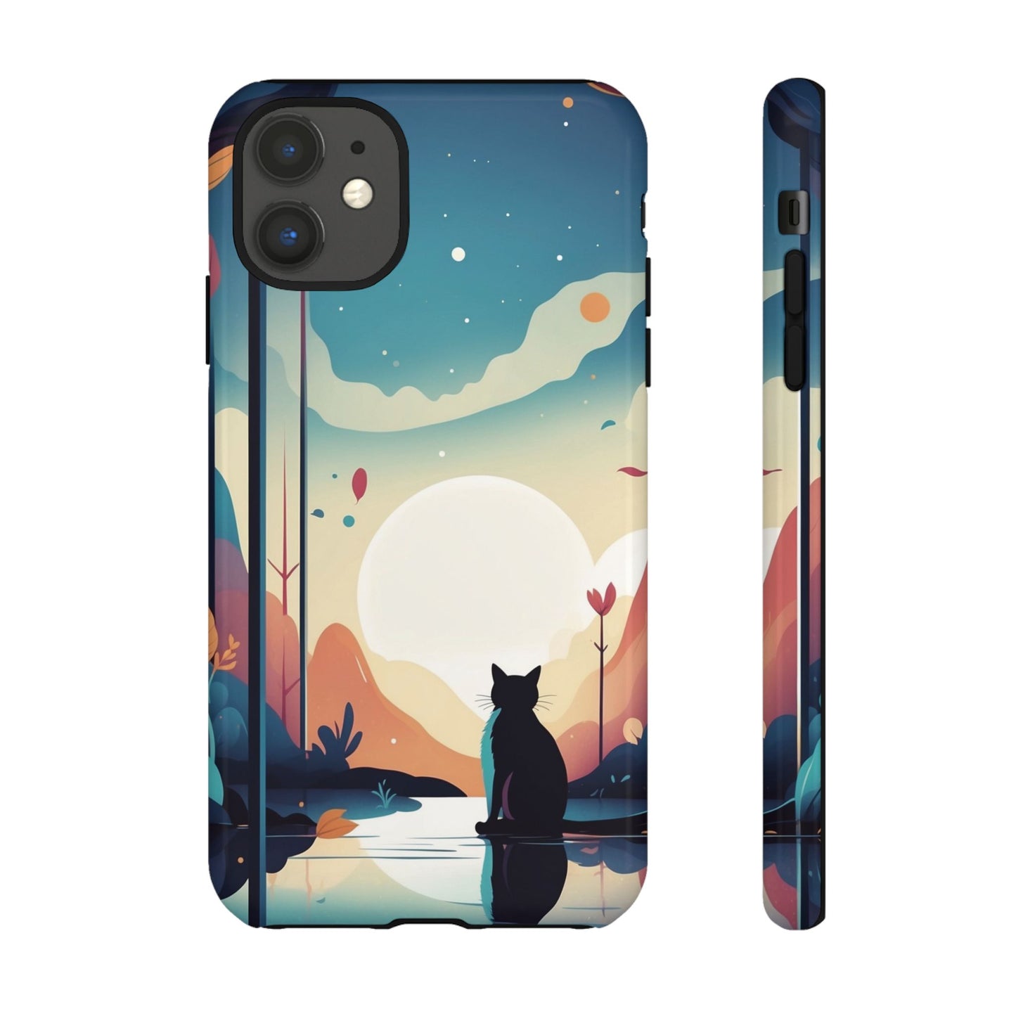iPhone 11 / Glossy Phone Case - Stylised Cat & Moon Design Phone Case