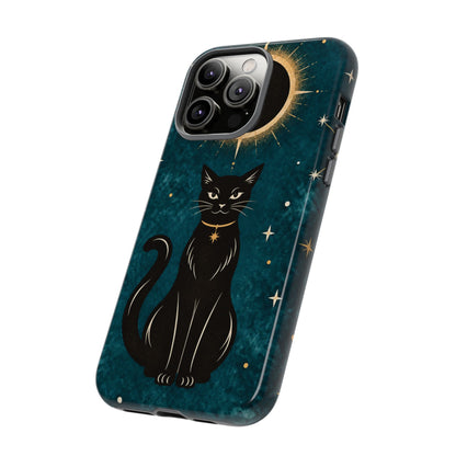 Whimsical Teal Celestial Black Cat Phone Case