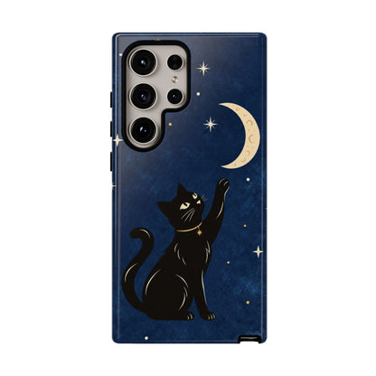 Whimsical Navy Blue Celestial Black Cat Phone Case
