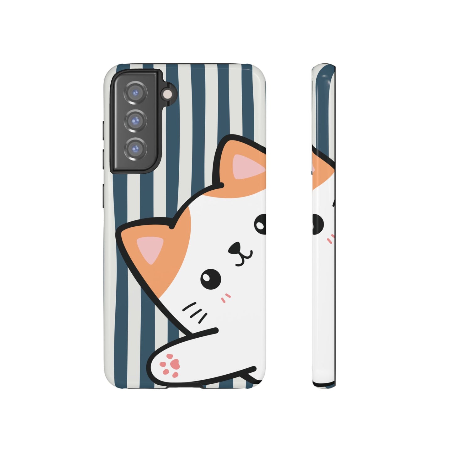 Playful Peakaboo Cat with Blue Stripe Pattern Phone Case - Blue Phone Case - Samsung Galaxy S21 FE / Glossy
