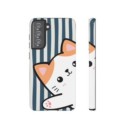 Playful Peakaboo Cat with Blue Stripe Pattern Phone Case - Blue Phone Case - Samsung Galaxy S21 FE / Glossy