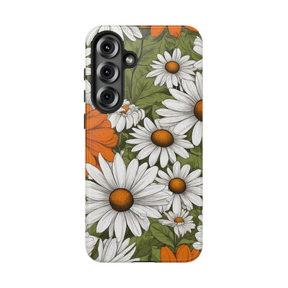 Samsung Galaxy S25 Plus / Glossy Phone Case - Boho Chic Daisies Floral Pattern ’White Orange & Green’ Phone Case