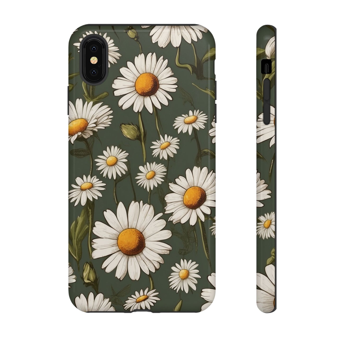 iPhone XS MAX / Glossy Phone Case - Boho Chic Daisies Floral Pattern ’White & Green’ Phone Case