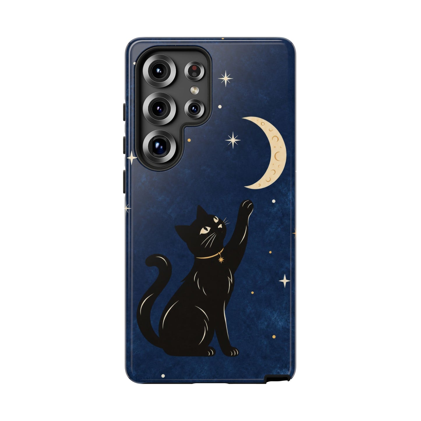 Whimsical Navy Blue Celestial Black Cat Phone Case