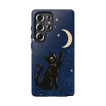 Whimsical Navy Blue Celestial Black Cat Phone Case