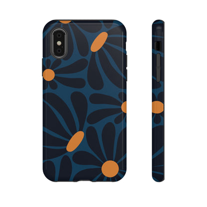 Dark Blue & Orange Daisy Pattern Phone Case - Blue Phone Case - iPhone XS / Glossy