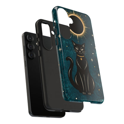 Whimsical Teal Celestial Black Cat Phone Case