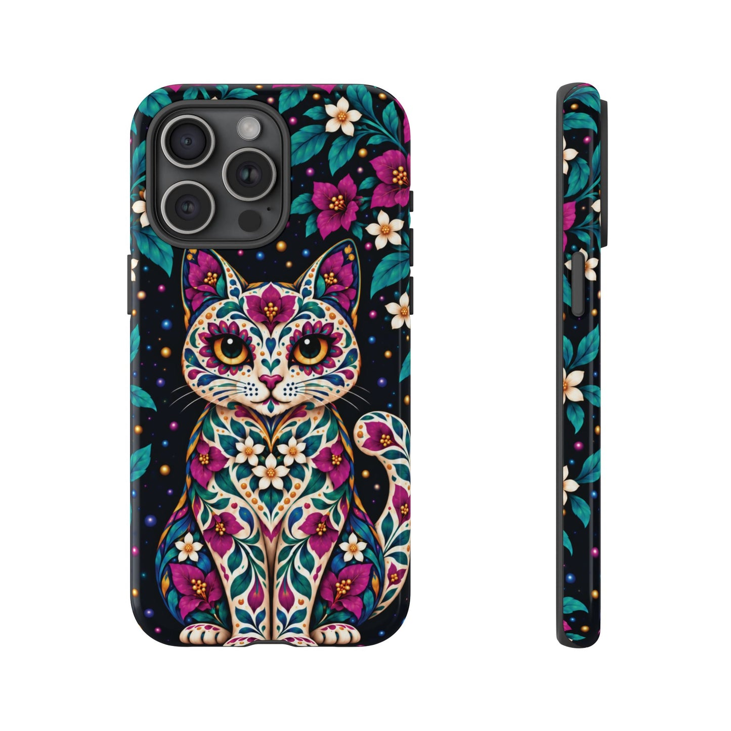 Vibrant Purple and Teal Calavera Cat Phone Case - Multicolor Phone Case - iPhone 15 Pro Max / Glossy