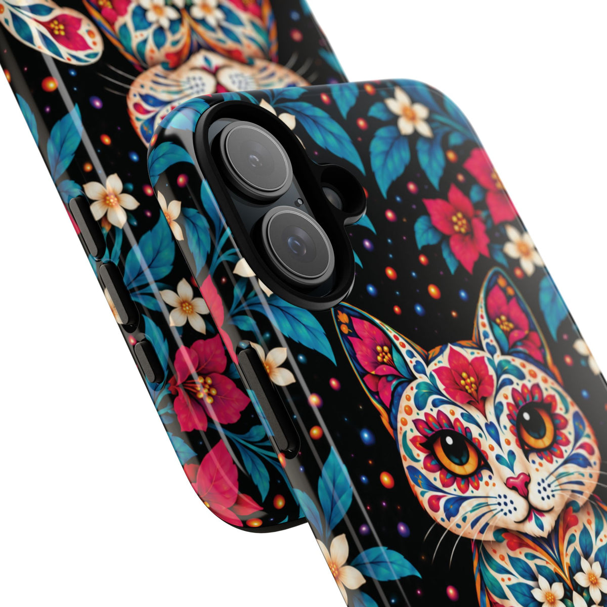 Vibrant Pink and Turquoise Calavera Cat Phone Case - Multicolor Phone Case