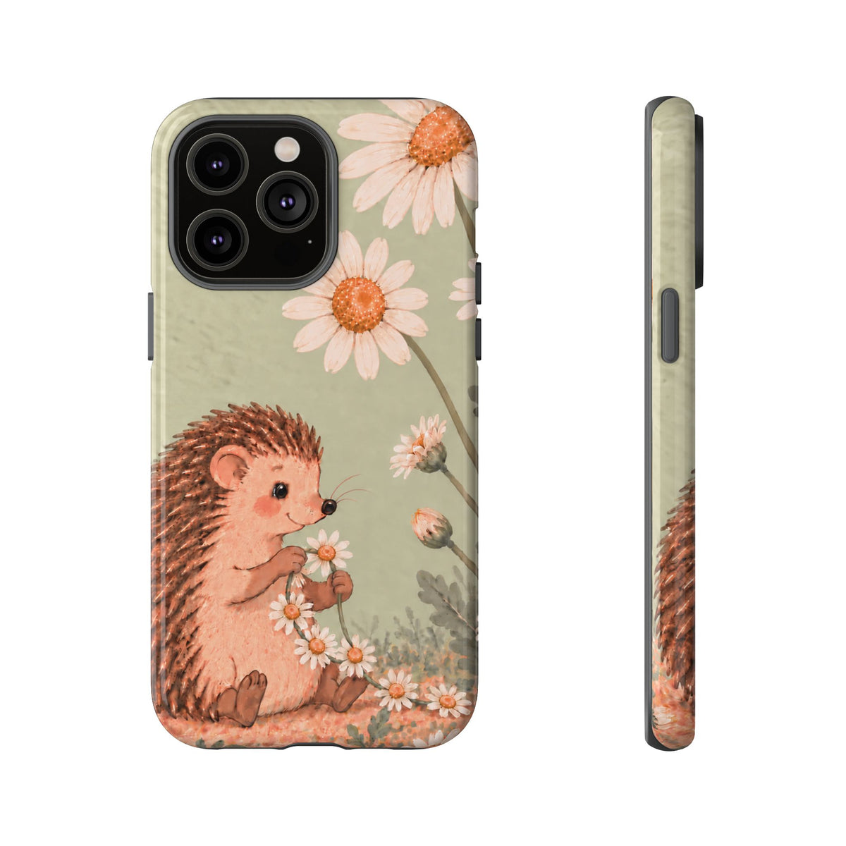 Whimsical Sage Green Hedgehog and Daisy Chain Phone Case - Green Phone Case - iPhone 14 Pro Max / Glossy