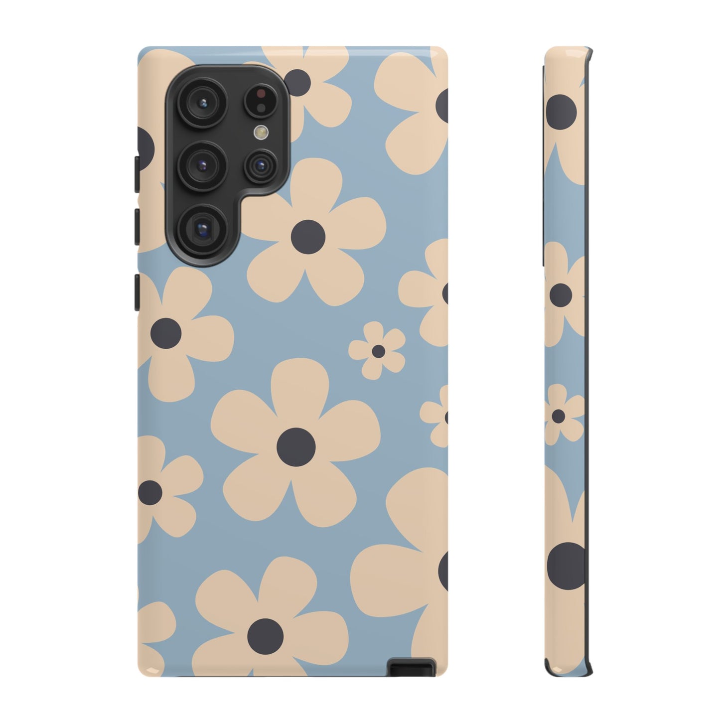 Samsung Galaxy S22 Ultra / Glossy Phone Case - Cute Light Blue & Cream Daisy Pattern Phone Case