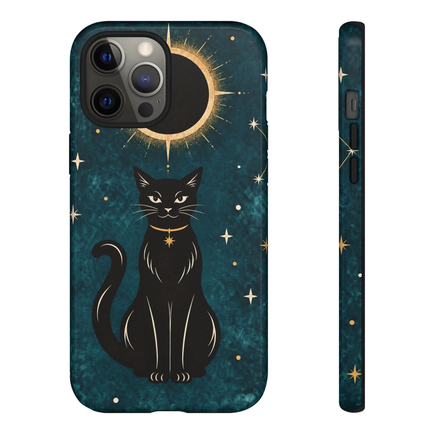 Whimsical Teal Celestial Black Cat Phone Case