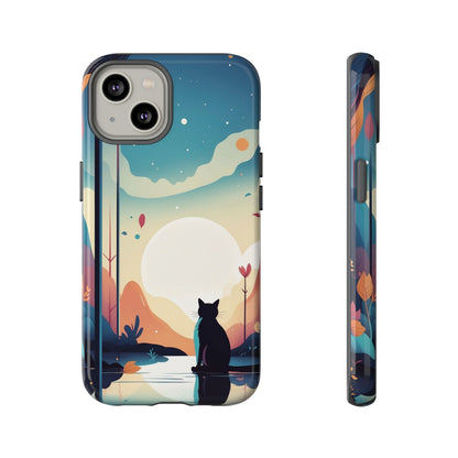 iPhone 14 / Glossy Phone Case - Stylised Cat & Moon Design Phone Case