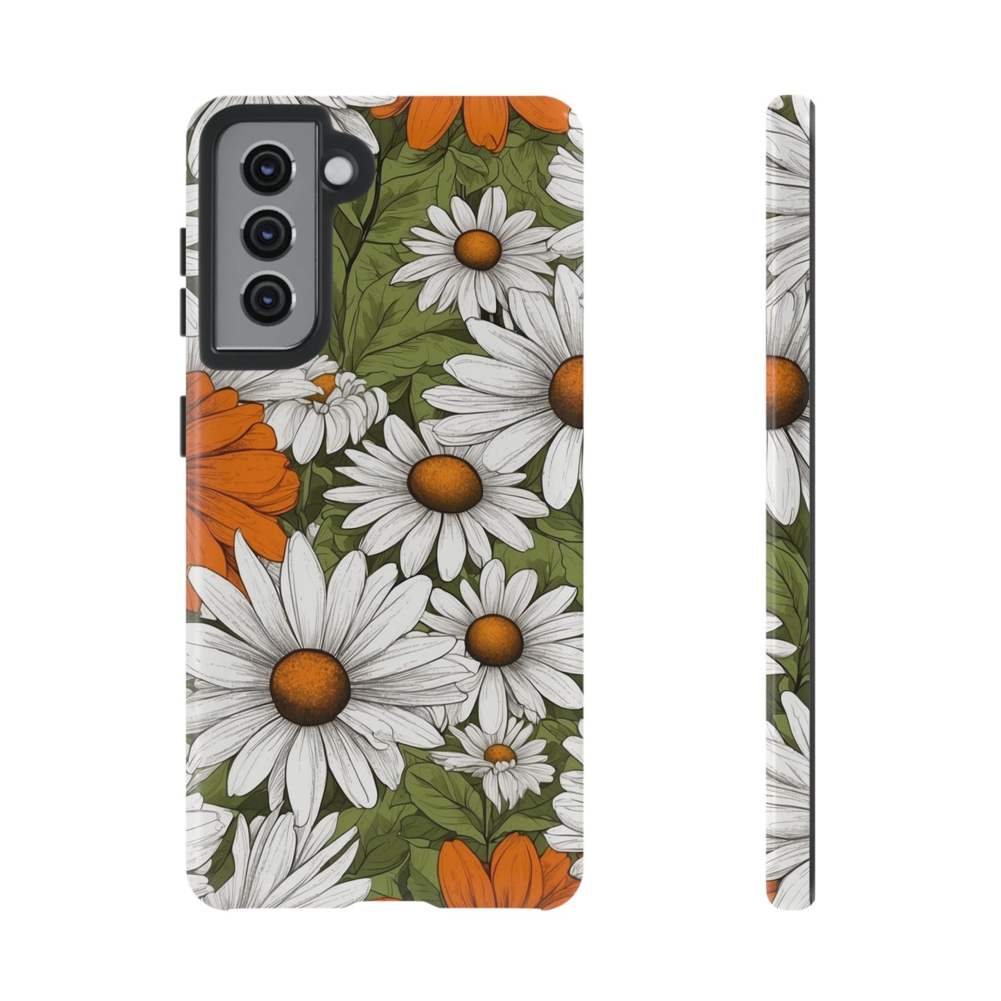 Samsung Galaxy S21 / Glossy Phone Case - Boho Chic Daisies Floral Pattern ’White Orange & Green’ Phone Case