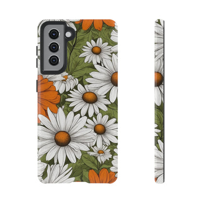 Samsung Galaxy S21 / Glossy Phone Case - Boho Chic Daisies Floral Pattern ’White Orange & Green’ Phone Case