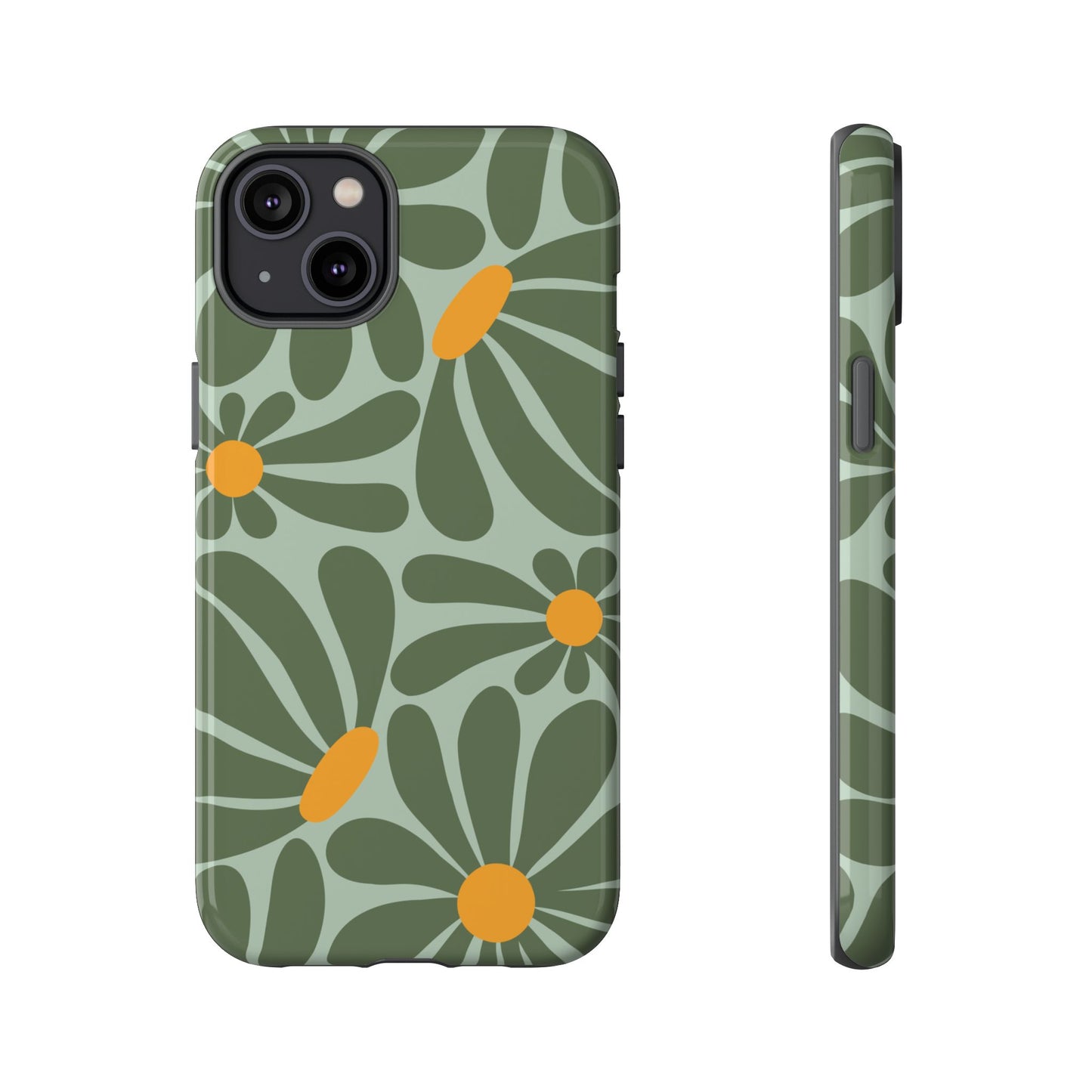 iPhone 14 Plus / Glossy Phone Case - Retro Green Daisy Pattern Phone Case