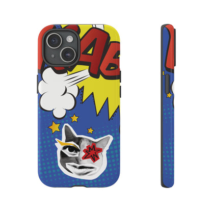 iPhone 15 / Glossy Phone Case - Bold Blue Pop Art Cat Phone Case