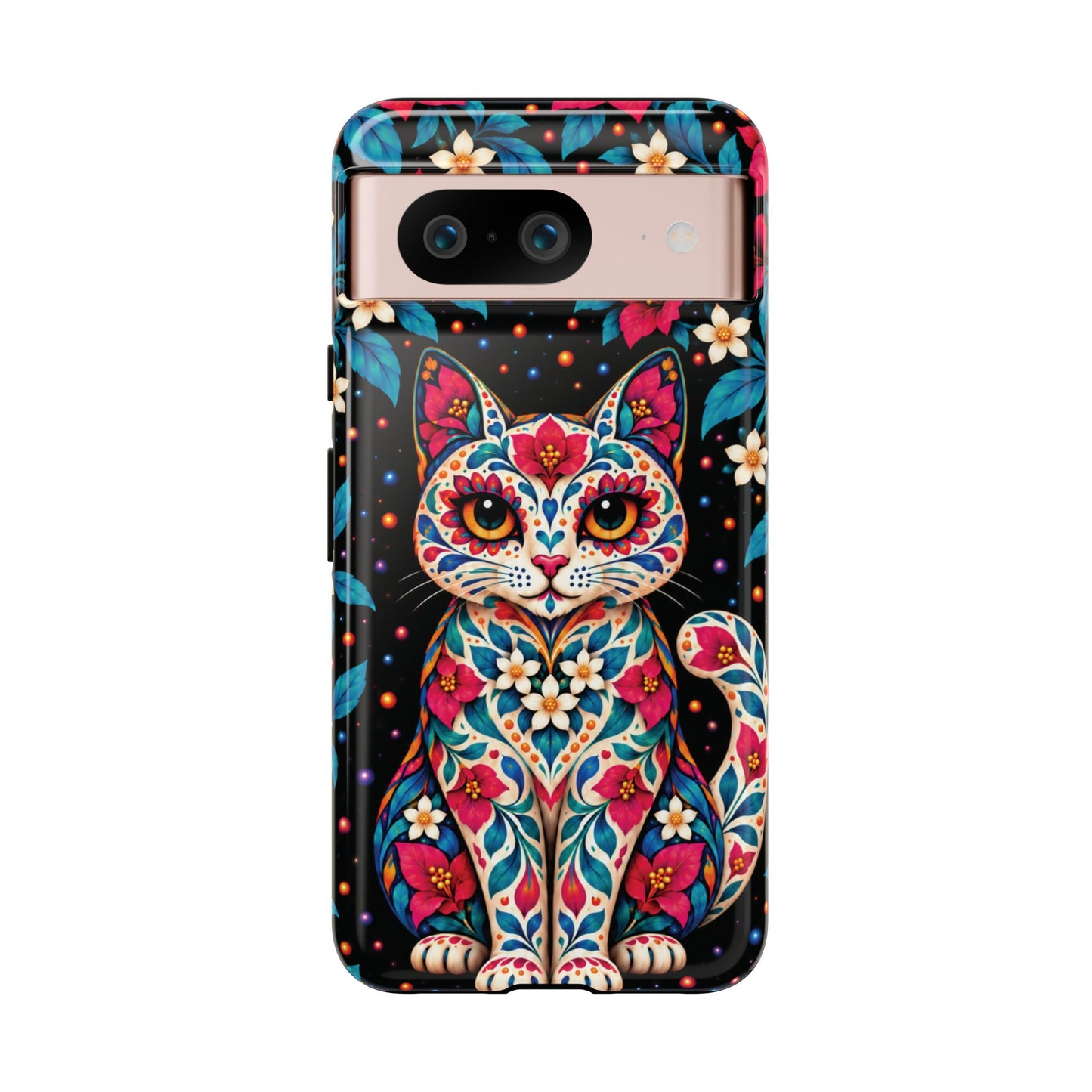 Vibrant Pink and Turquoise Calavera Cat Phone Case - Multicolor Phone Case - Google Pixel 8 / Glossy