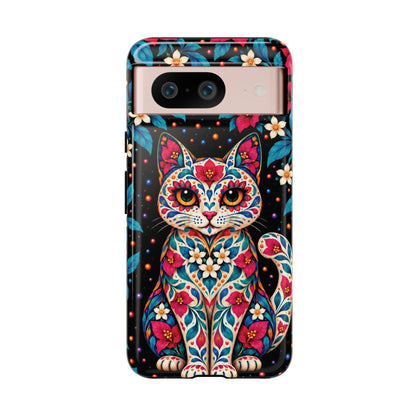 Vibrant Pink and Turquoise Calavera Cat Phone Case - Multicolor Phone Case - Google Pixel 8 / Glossy