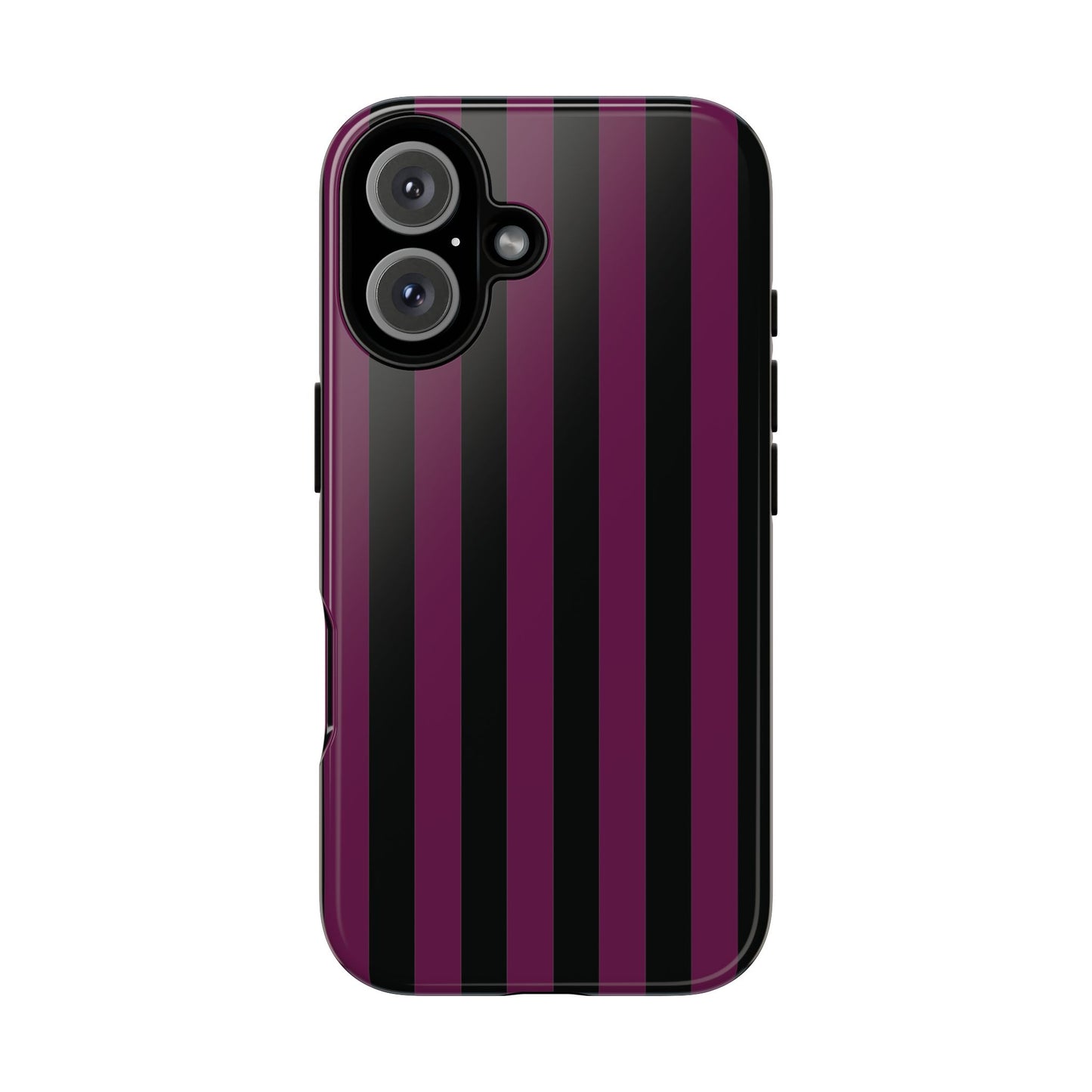 iPhone 16 / Glossy Phone Case - Trendy Plum & Black Stripe Pattern Phone Case