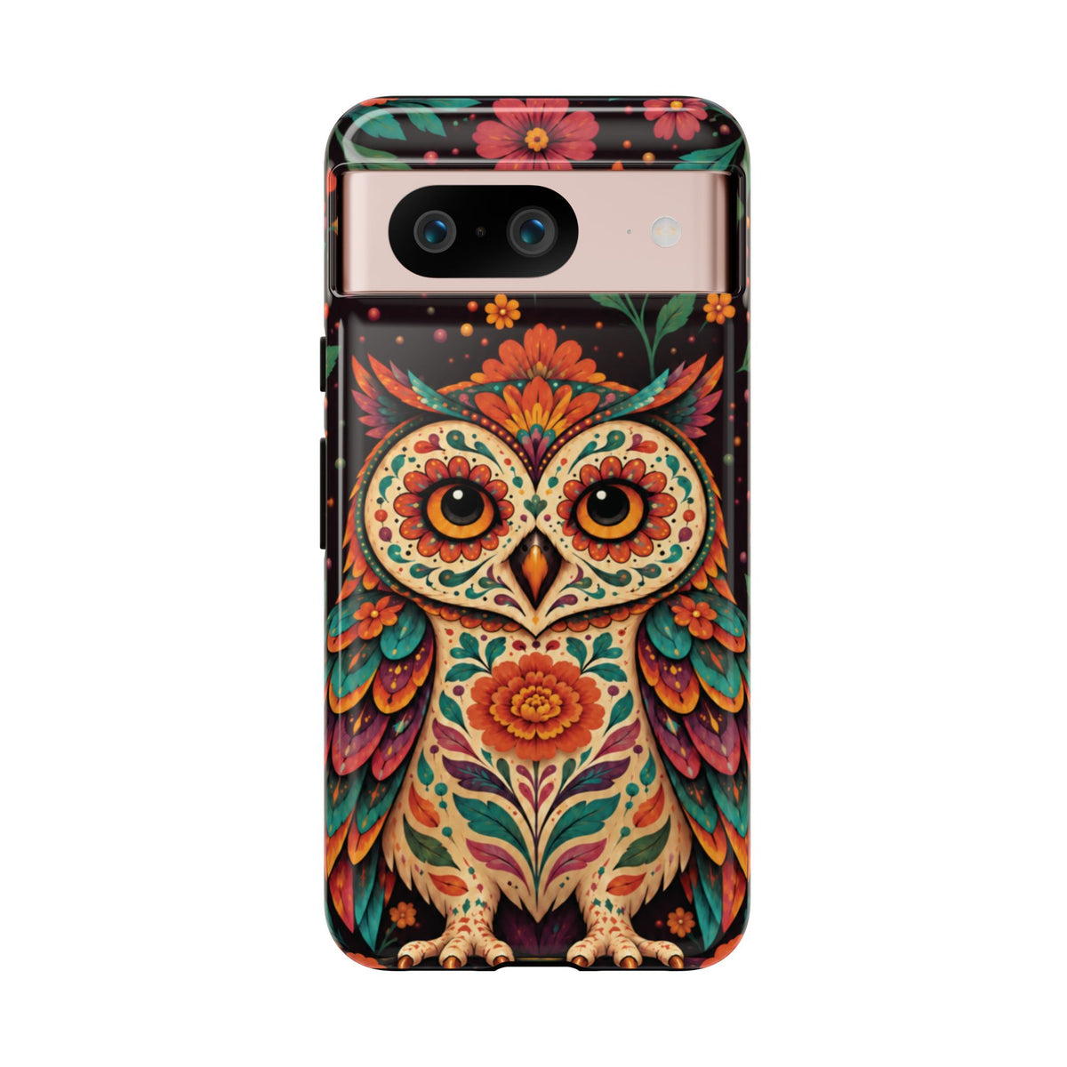 Vibrant Terracotta and Teal Calavera Owl Phone Case - Multicolor Phone Case - Google Pixel 8 / Glossy