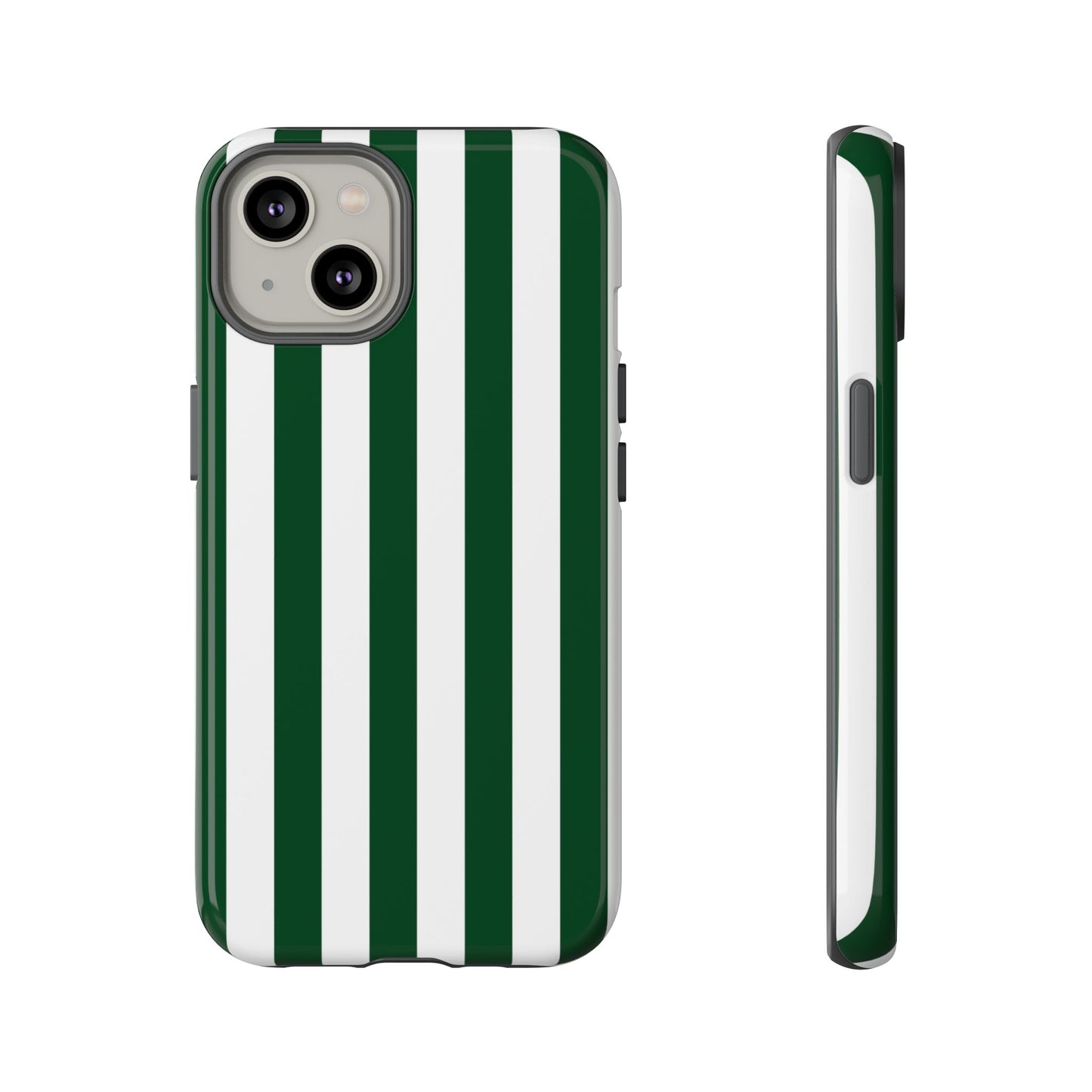 iPhone 14 / Glossy Phone Case - Simple Dark Green & White Stripe Pattern Phone Case