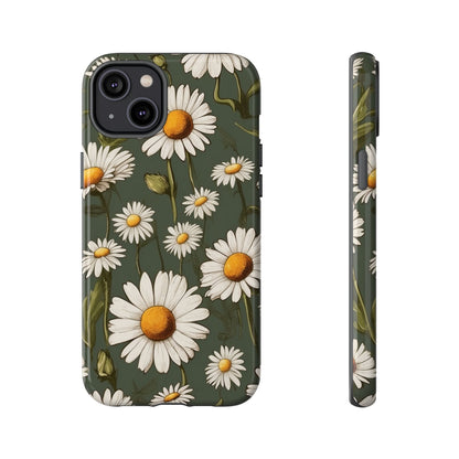 iPhone 14 Plus / Glossy Phone Case - Boho Chic Daisies Floral Pattern ’White & Green’ Phone Case