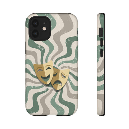 iPhone 12 Mini / Glossy Phone Case - Comedy & Tragedy Masks – Green Minimal Retro Wave Phone Case