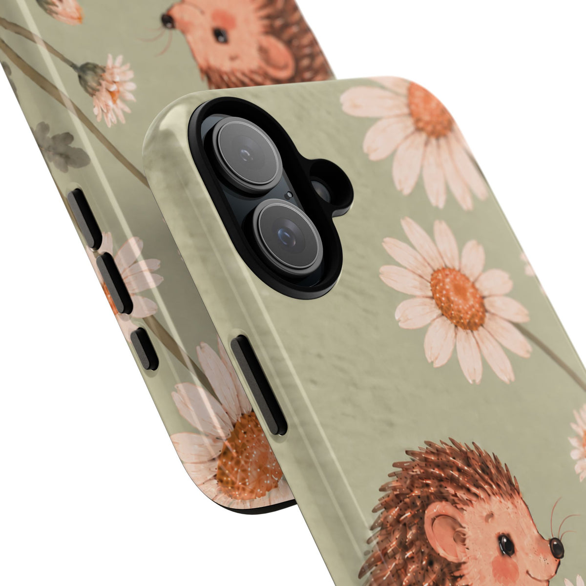 Whimsical Sage Green Hedgehog and Daisy Chain Phone Case - Green Phone Case
